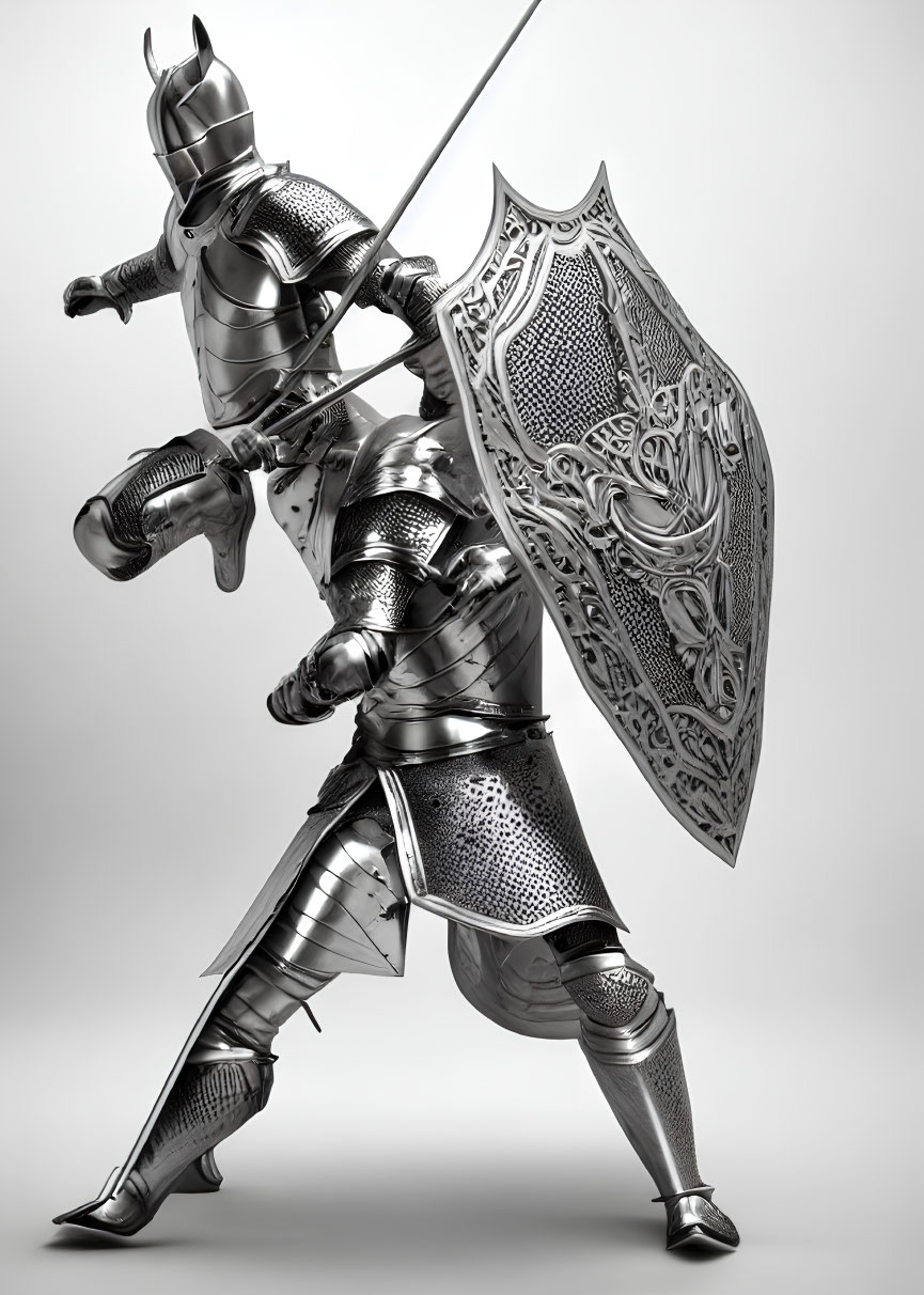 Ornate Knight in Full-Body Plate Armor with Spear and Shield