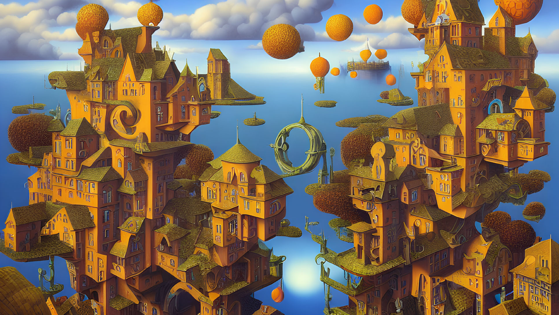 Surreal landscape with orange buildings, floating orbs, airships in blue sky