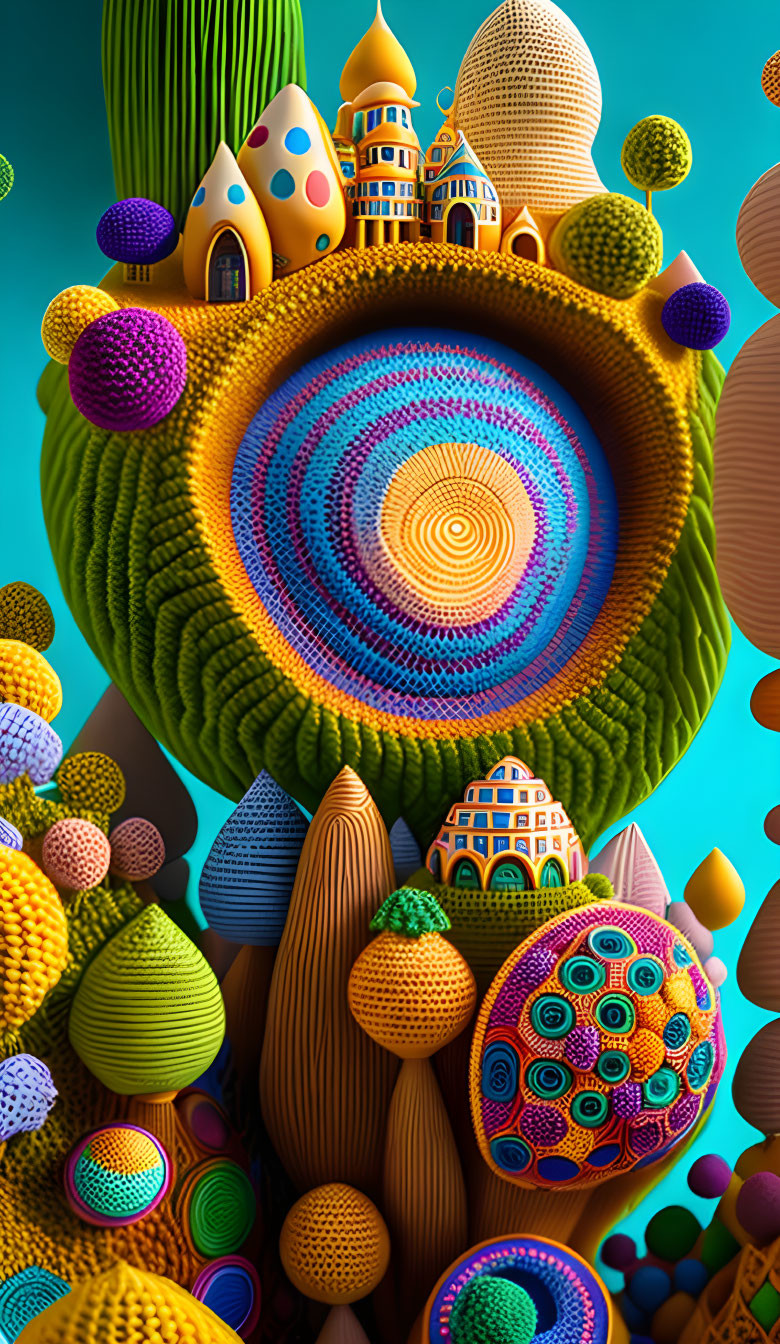 Colorful Fantasy Landscape with Whimsical Structures & Circular Patterns