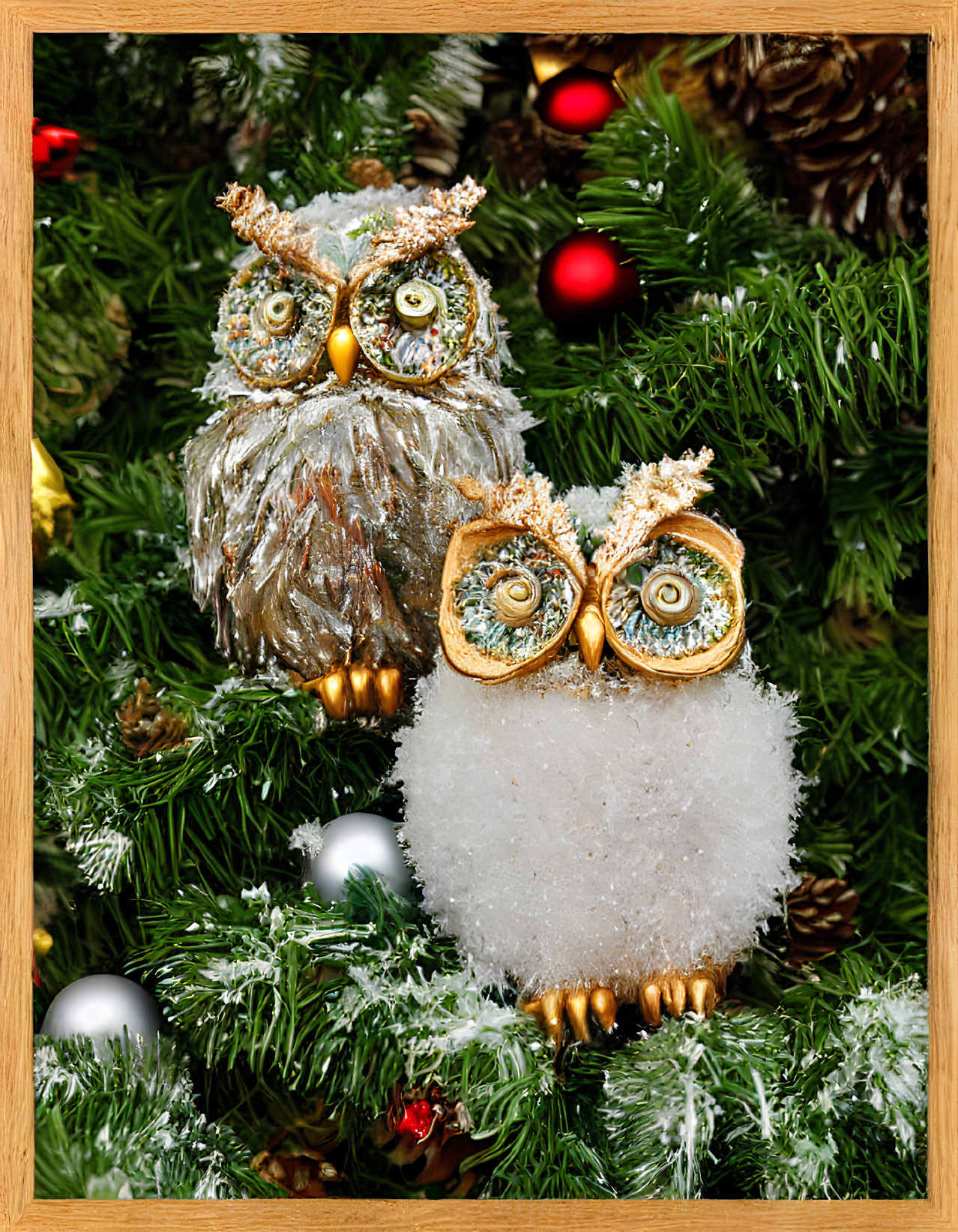 Glittery owl decorations in Christmas greenery with bright eyes