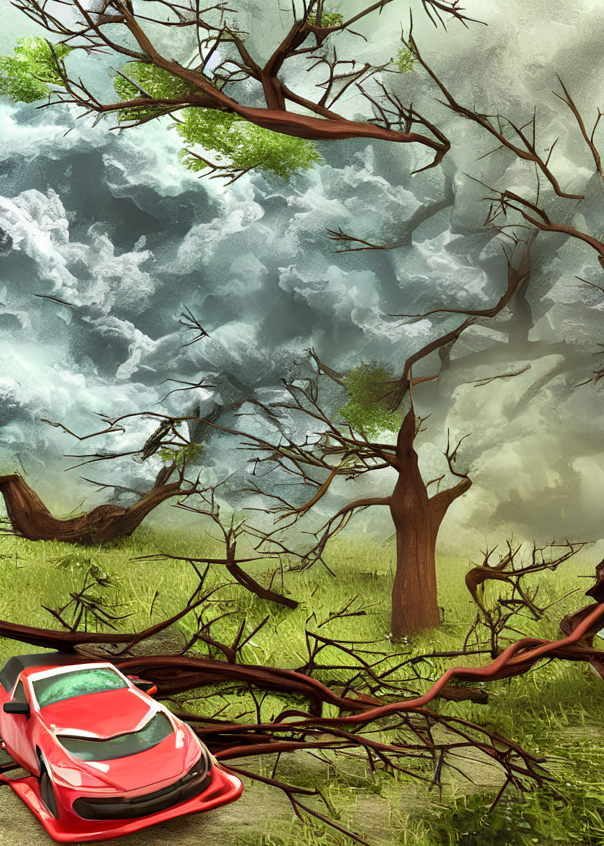 Red sports car parked under twisted trees and cloudy sky on green grass field