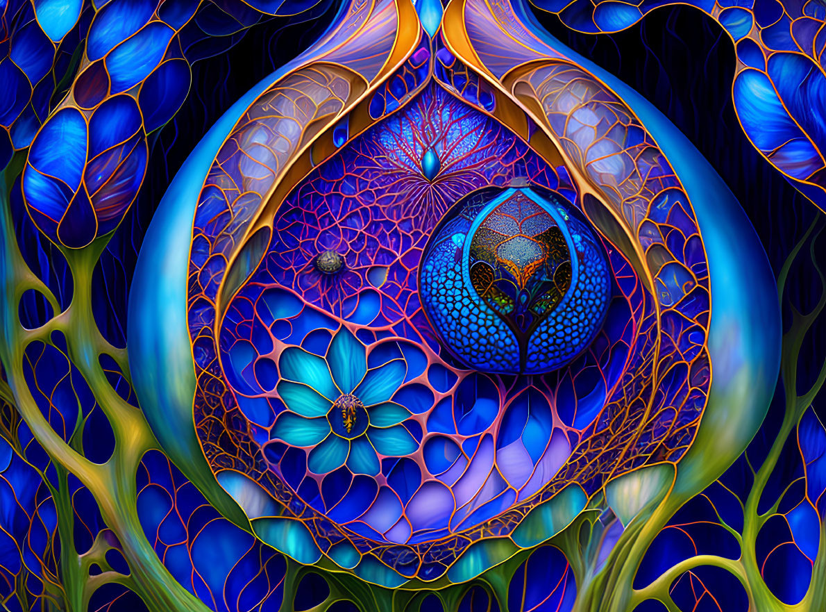 Abstract digital art: central sphere, reflections, intricate patterns, blue and purple palette