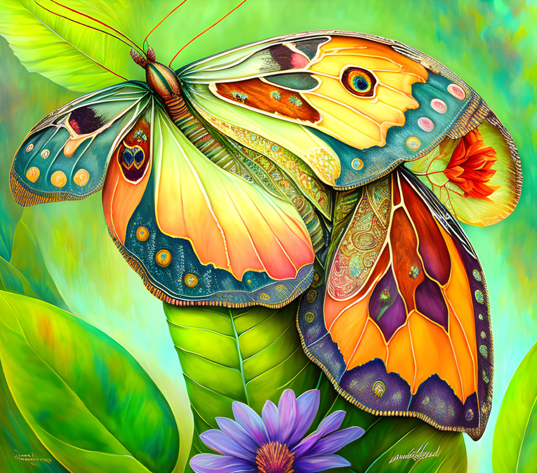 Colorful Butterfly Illustration on Green Foliage with Purple Flower