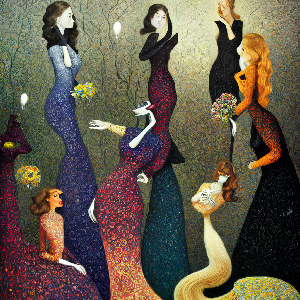 Whimsical painting of women in elongated dresses with intricate patterns and flowers, surrounded by floating light