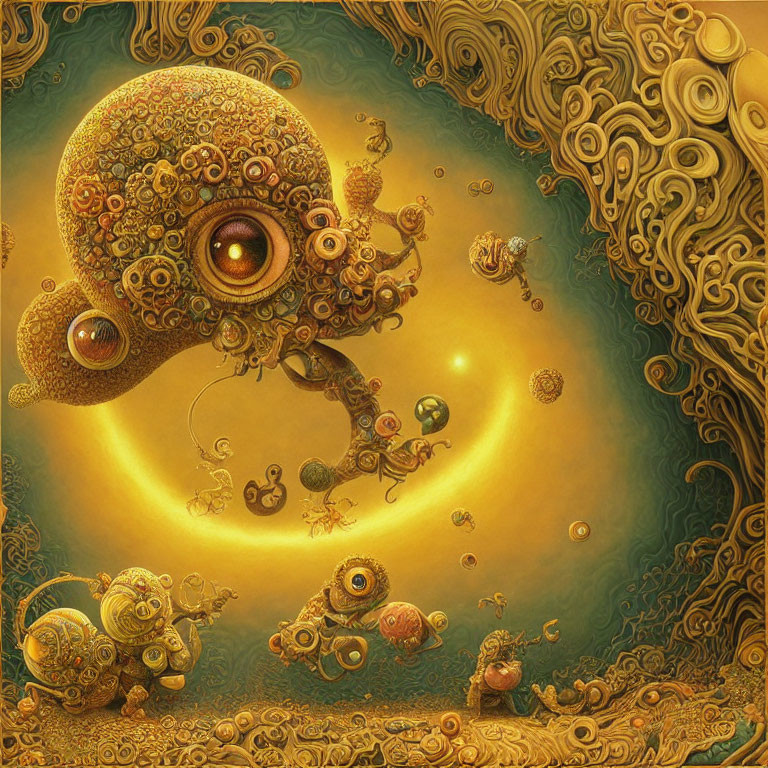 Intricate surreal golden artwork with whimsical creatures and swirling patterns