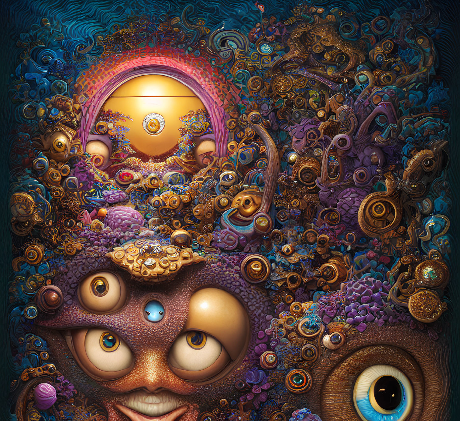 Surreal artwork featuring multiple eyes and faces in swirling patterns
