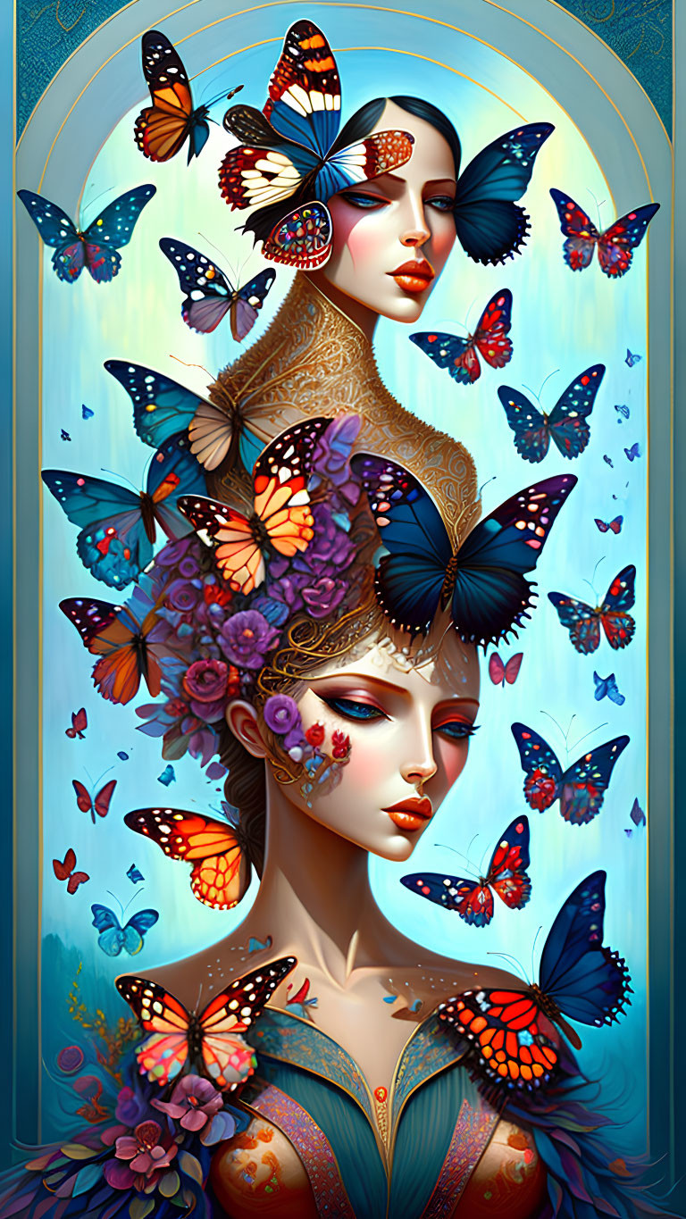Colorful illustration of two women with flowers and butterflies on blue background