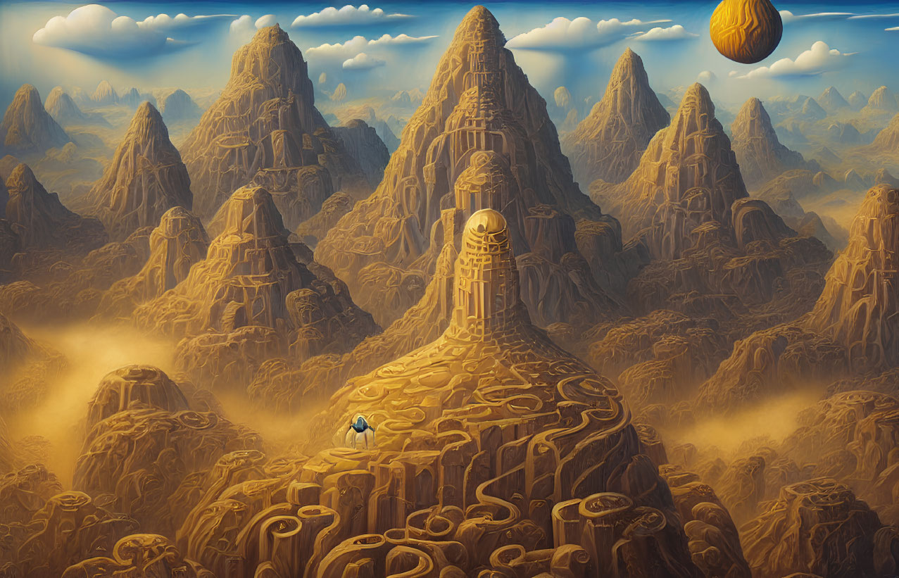 Surreal landscape with labyrinthine paths, figure in blue robe, towering structure, and planet in