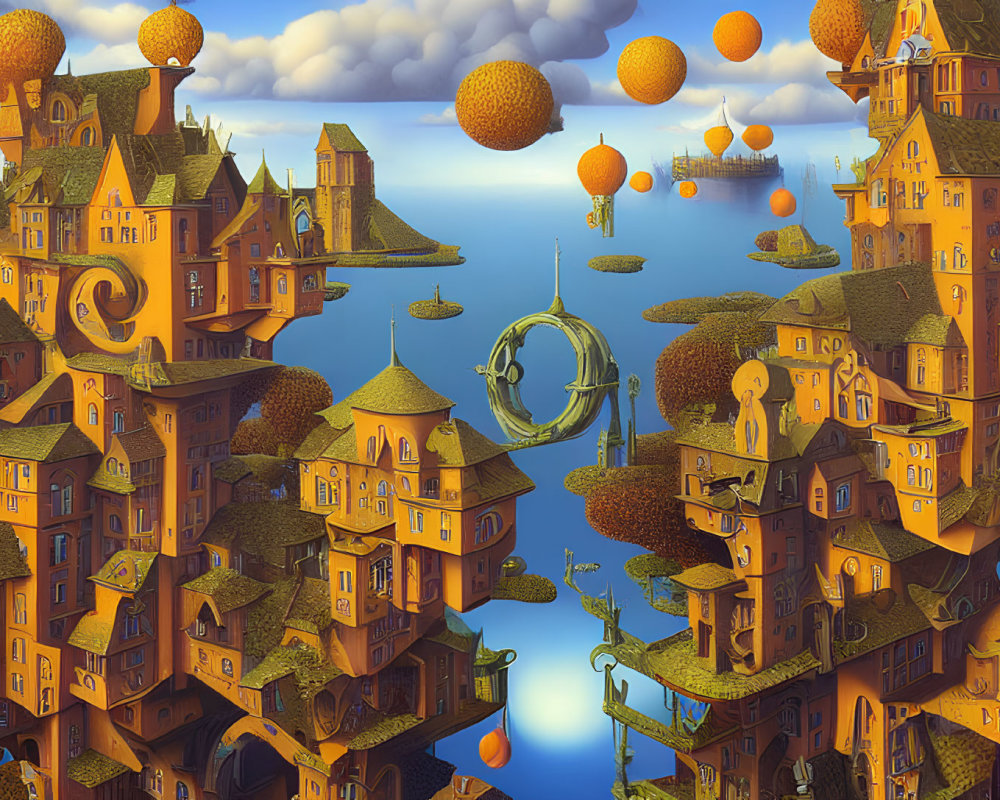 Surreal landscape with orange buildings, floating orbs, airships in blue sky
