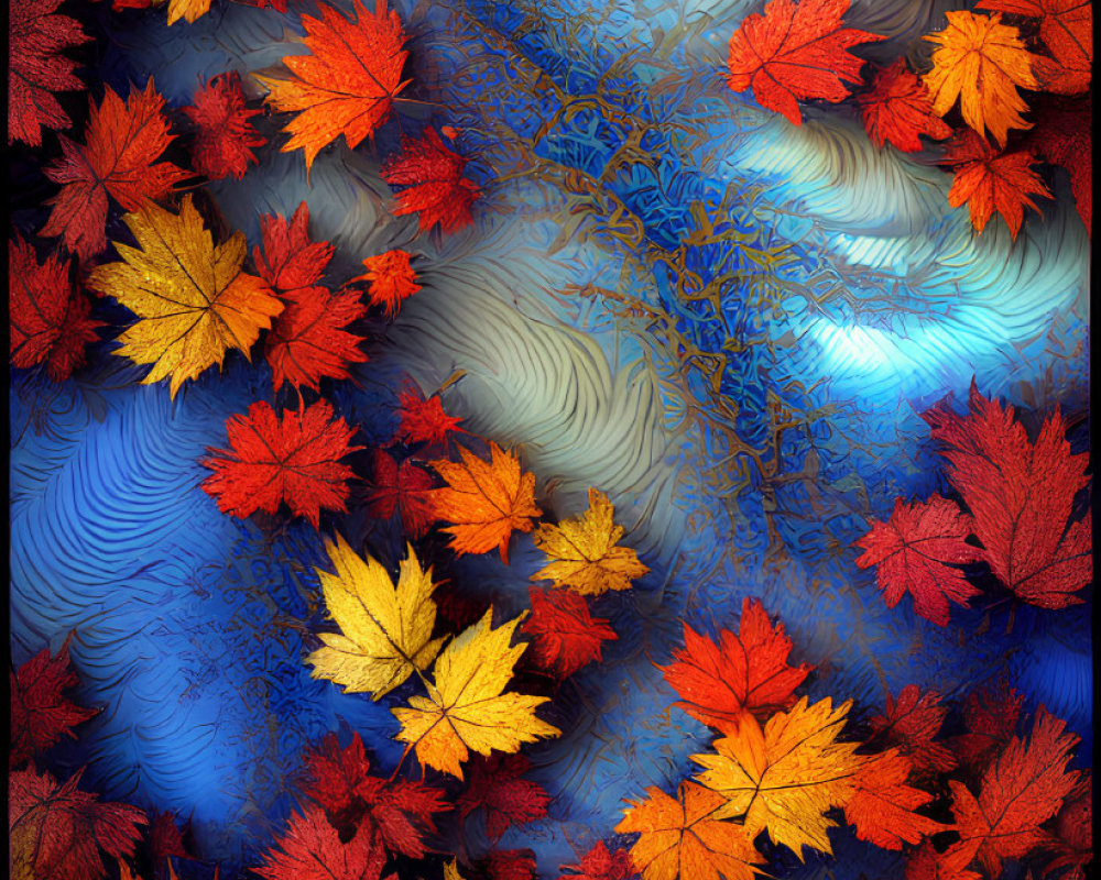 Colorful Autumn Leaves on Blue Textured Background with Swirl Patterns
