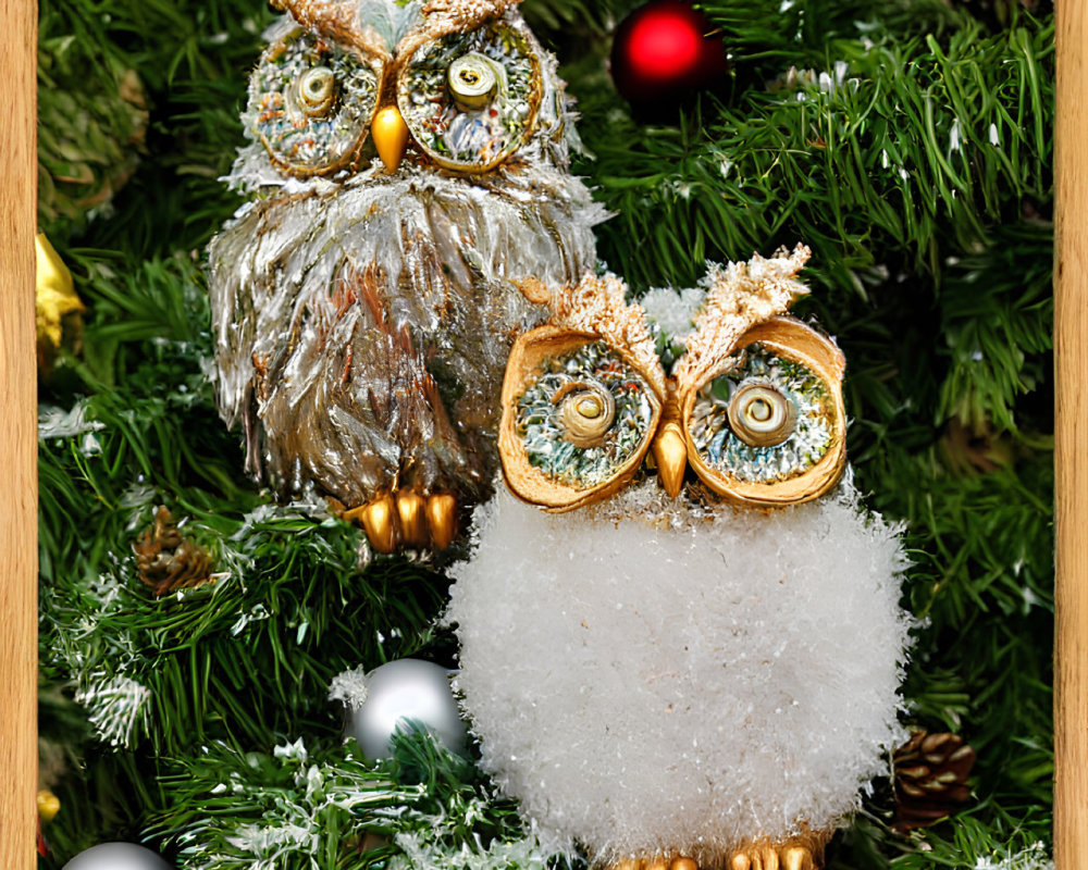 Glittery owl decorations in Christmas greenery with bright eyes