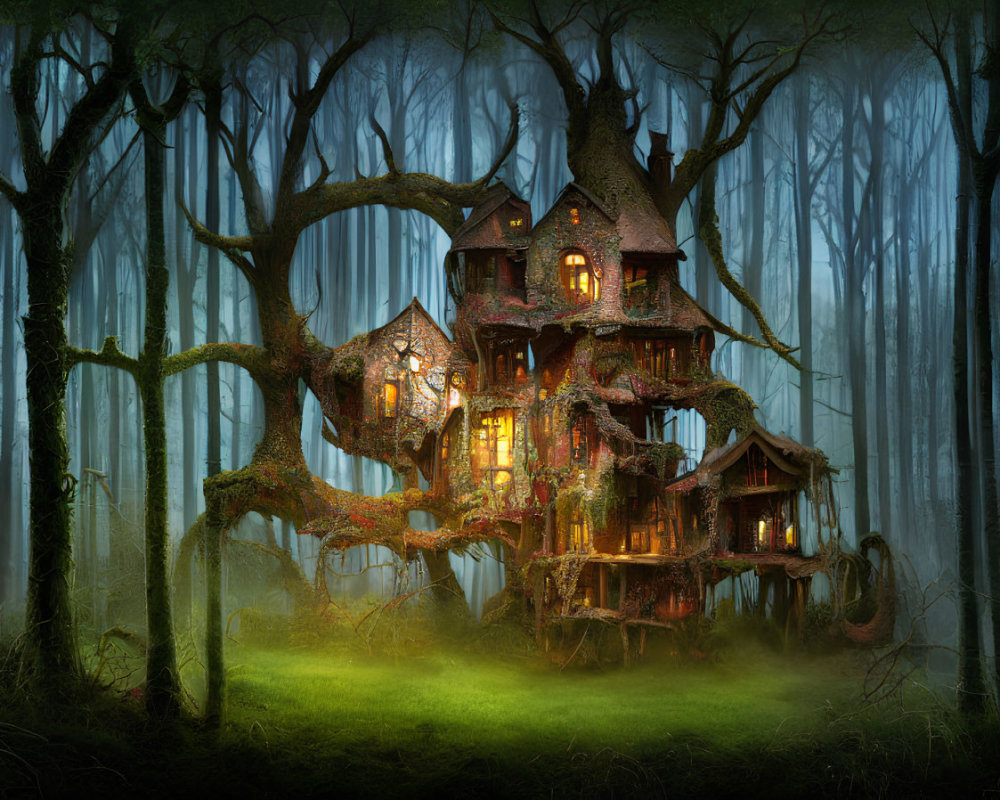 Enchanted multi-level treehouse in misty forest twilight