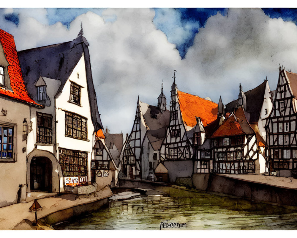 European Medieval Town with Half-Timbered Houses Along Canal