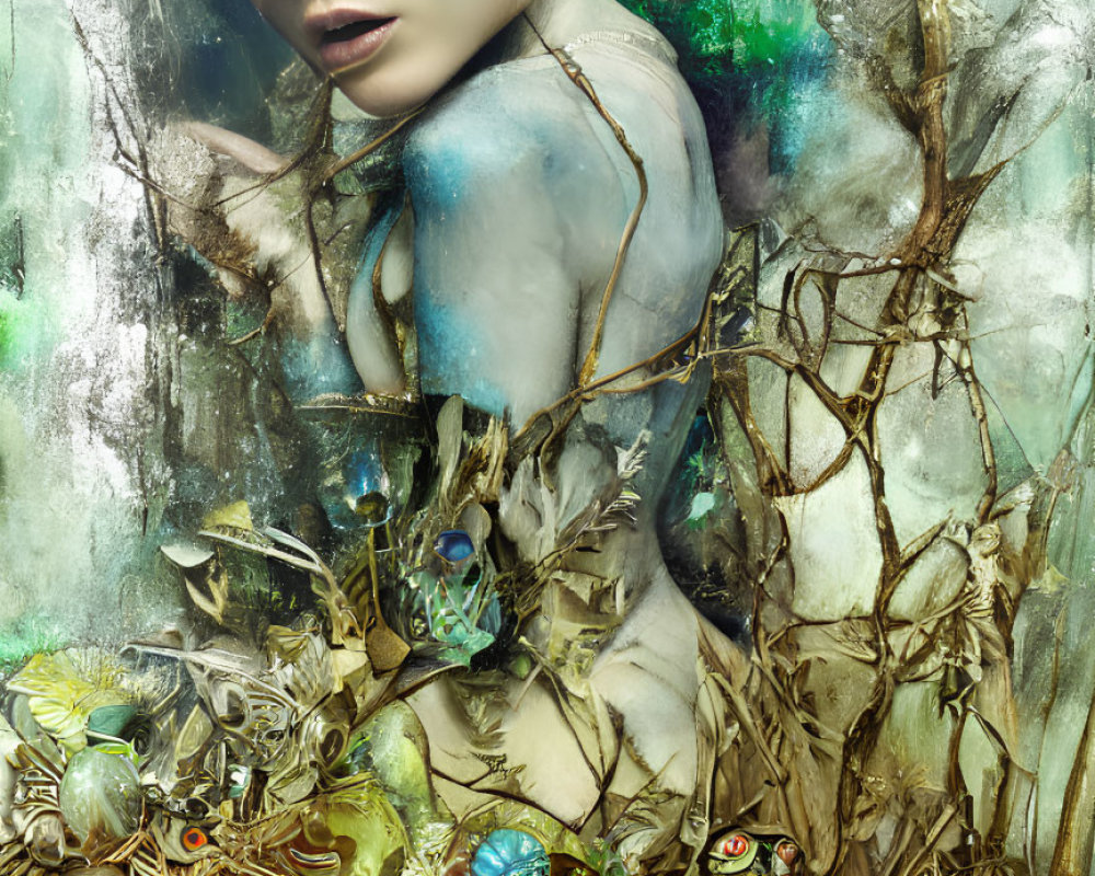 Fantasy-themed digital artwork: Female figure surrounded by intricate branches and vibrant flora