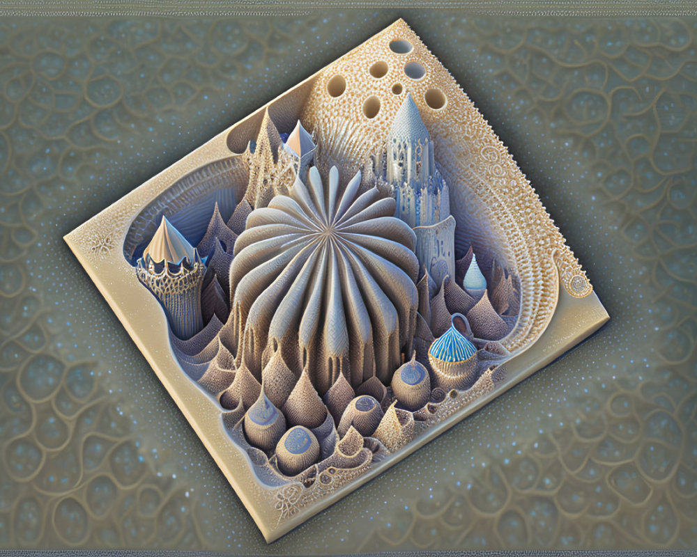 Surreal 3D Fractal Landscape with Castle Structure and Patterns
