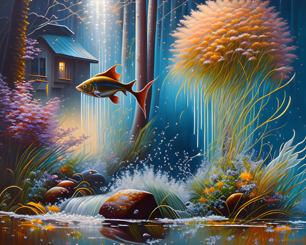 Surreal forest scene with flying fish above stream