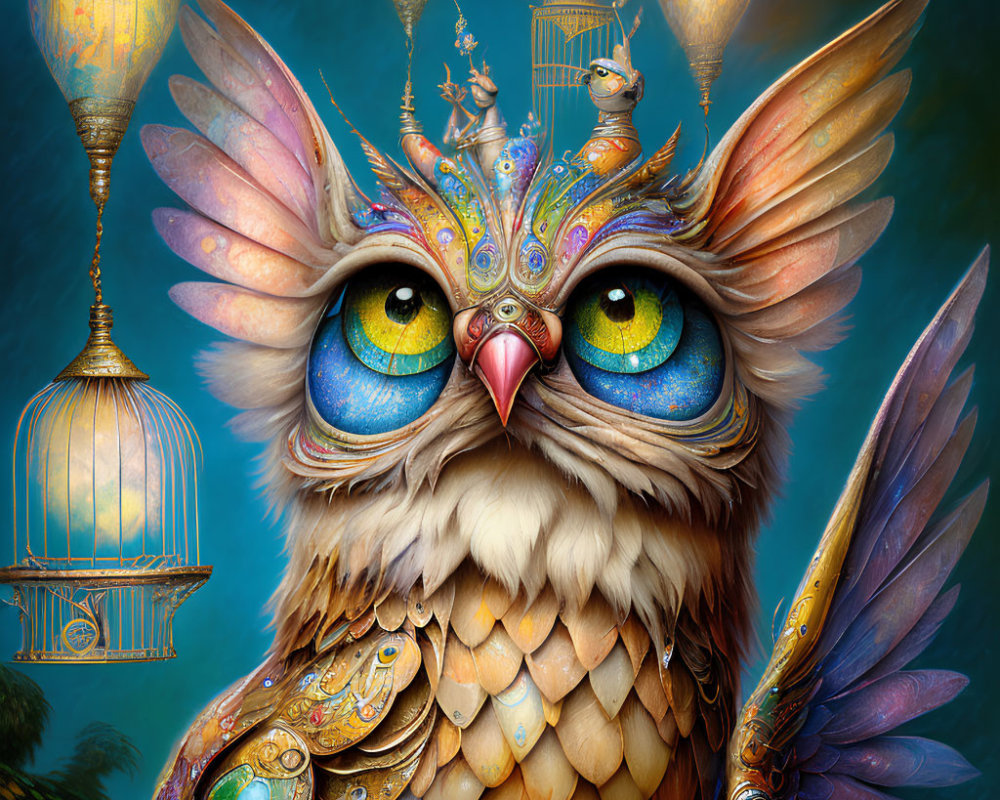 Whimsical owl illustration with expressive eyes and ornate feathers