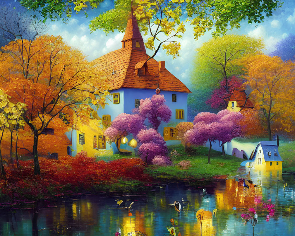 Colorful Autumn Landscape with Cottage, Trees, Pond, and Swans