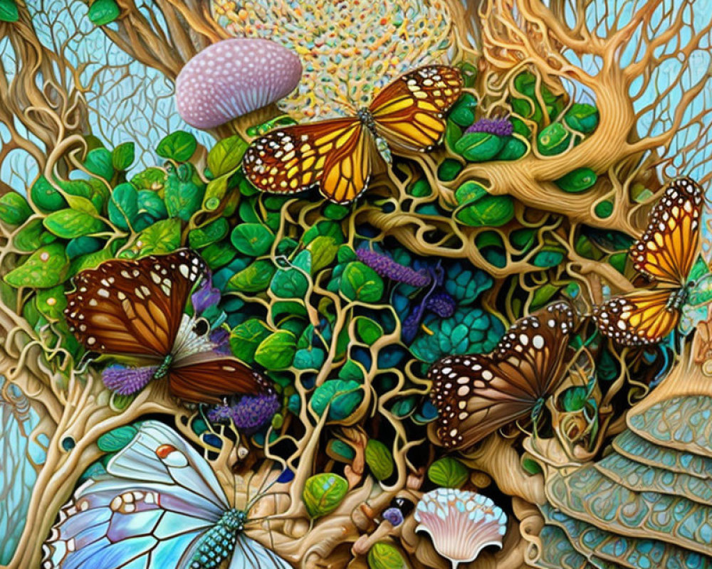 Colorful Butterfly and Tree Artwork with Mushroom and Coral Textures