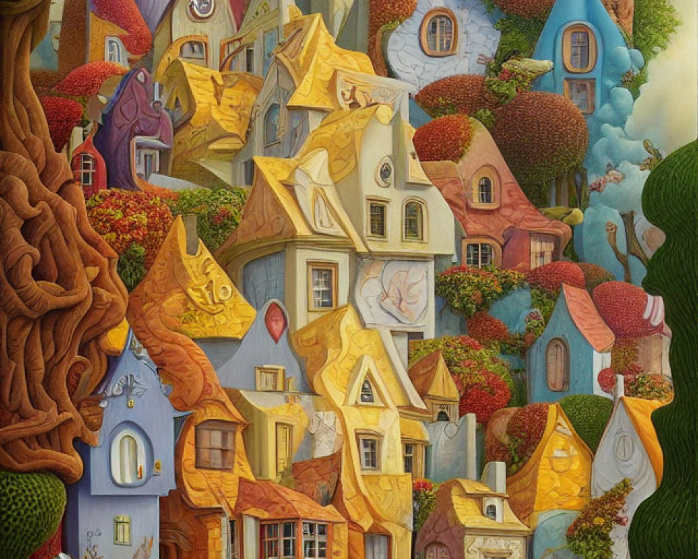 Fantasy village painting with colorful, topsy-turvy houses nestled among trees.