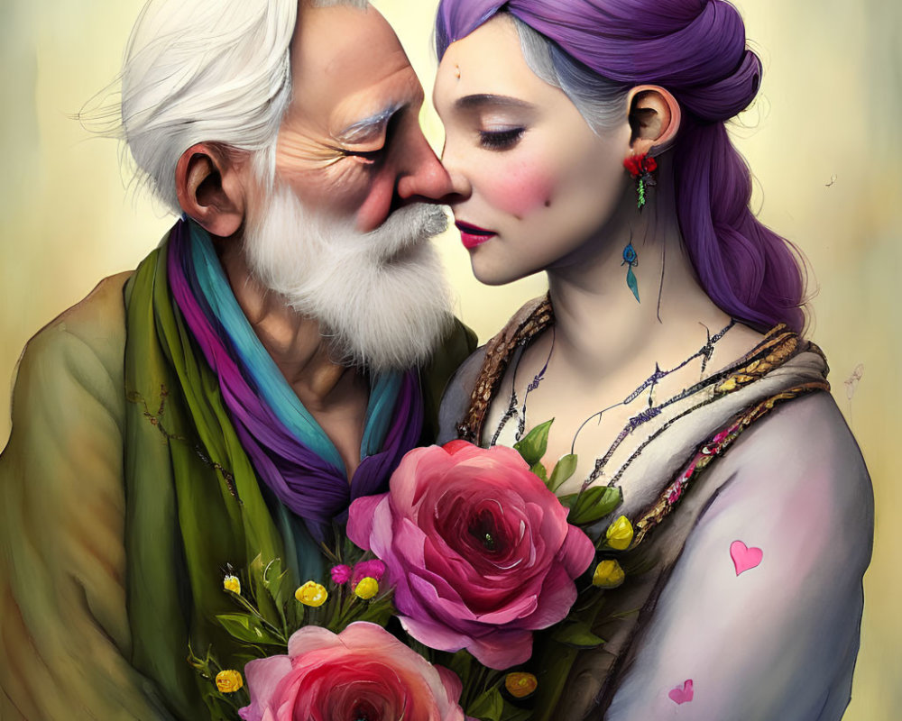 Elderly man and young woman touching noses with pink roses.