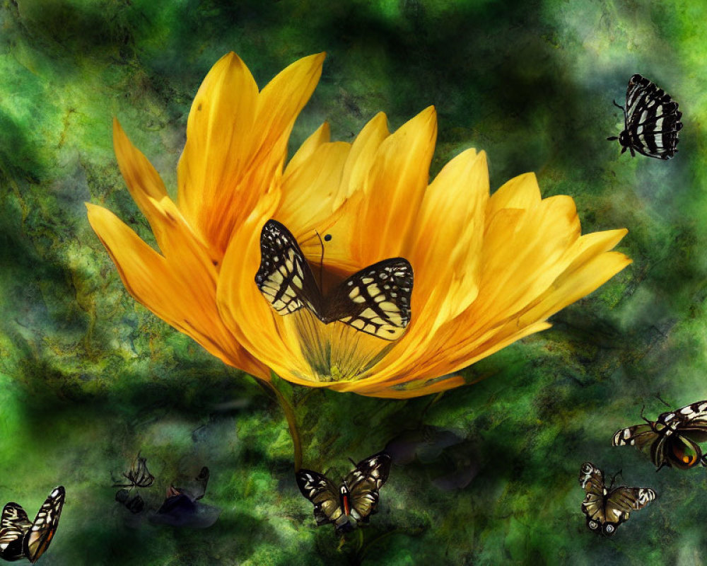 Colorful Yellow Flower with Butterflies on Green Background