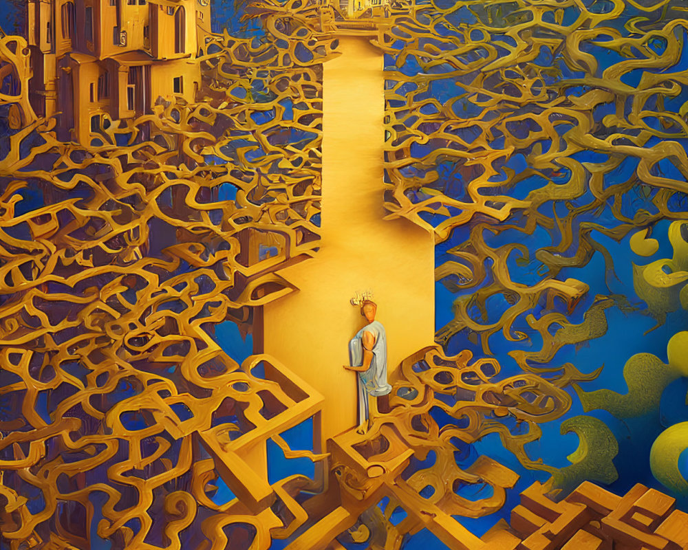 Surreal painting of person on path between castles in abstract puzzle landscape