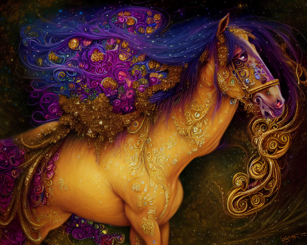 Golden horse with purple mane in swirling patterns on starry background