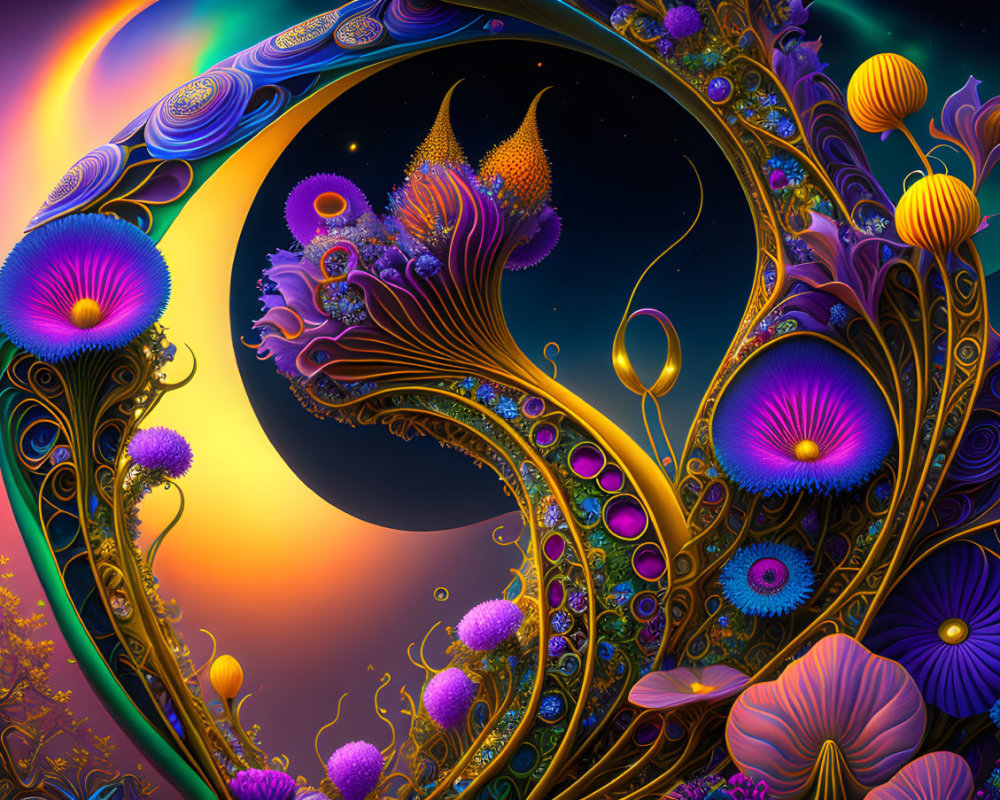 Colorful Fantasy Landscape with Floral-Inspired Patterns and Cosmic Elements