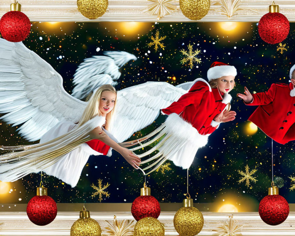 Children with angel wings and Santa hats among Christmas ornaments in festive image.
