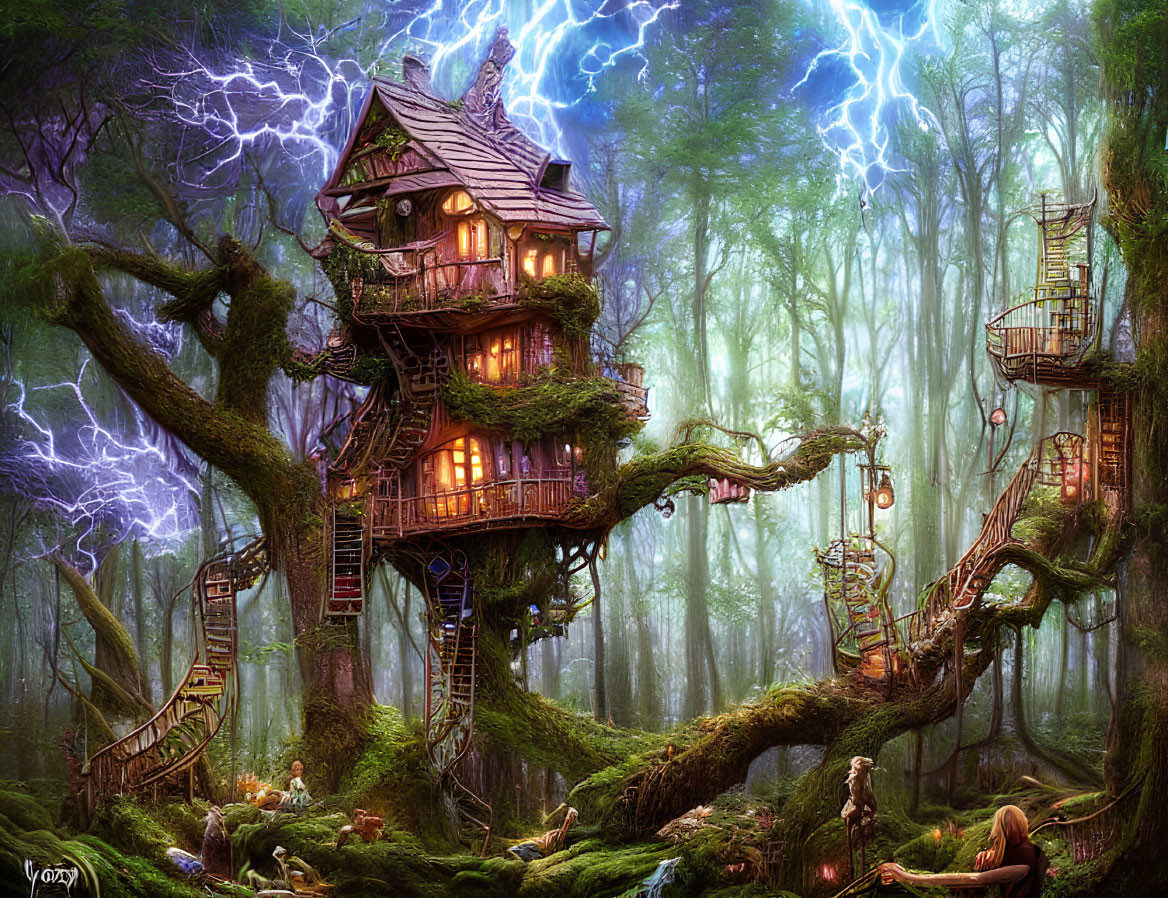 Enchanted forest scene with intricate treehouses and vibrant greenery