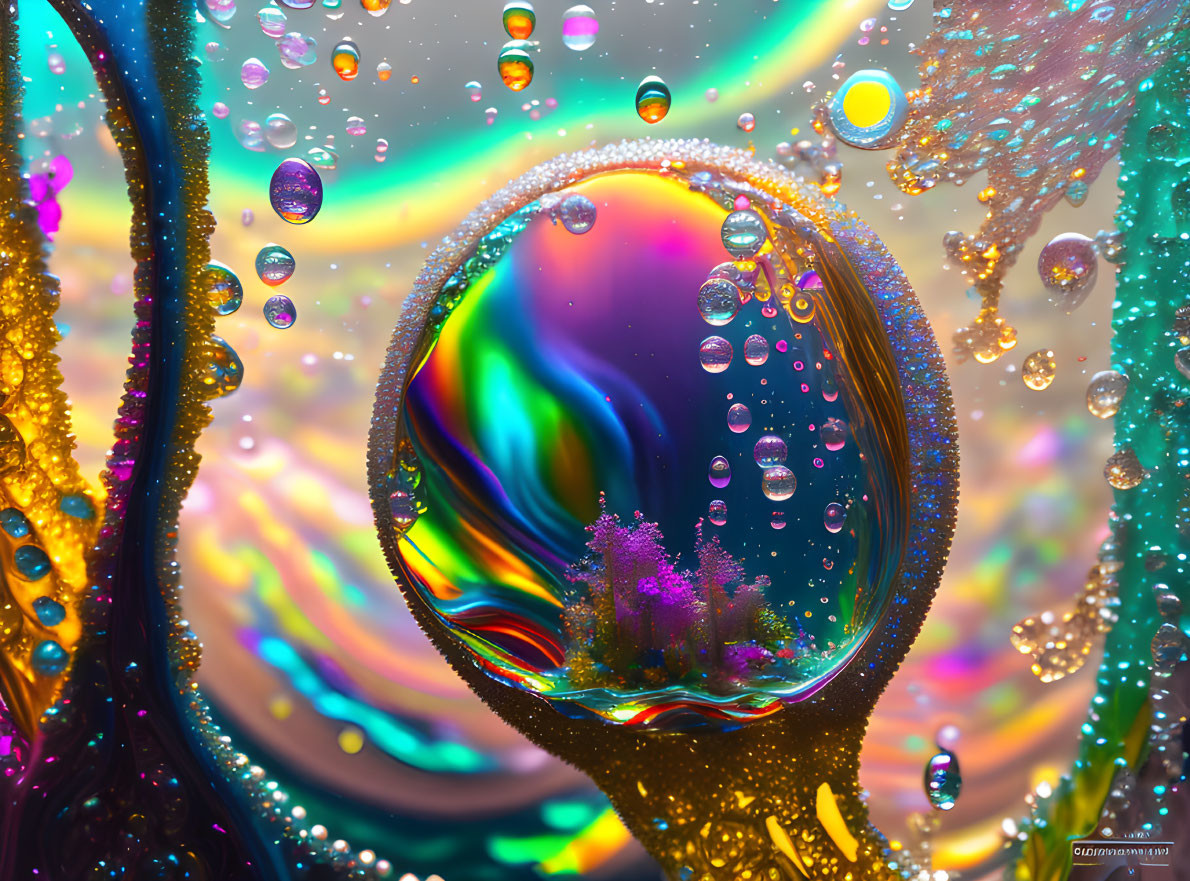 Colorful Abstract Art: Central Reflective Bubble Surrounded by Floating Bubbles