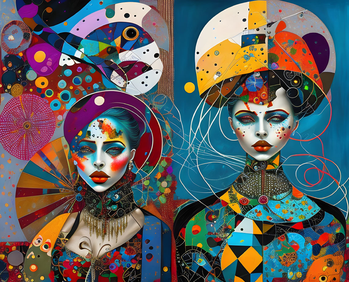 Colorful digital artwork featuring two stylized women with intricate patterns and abstract elements