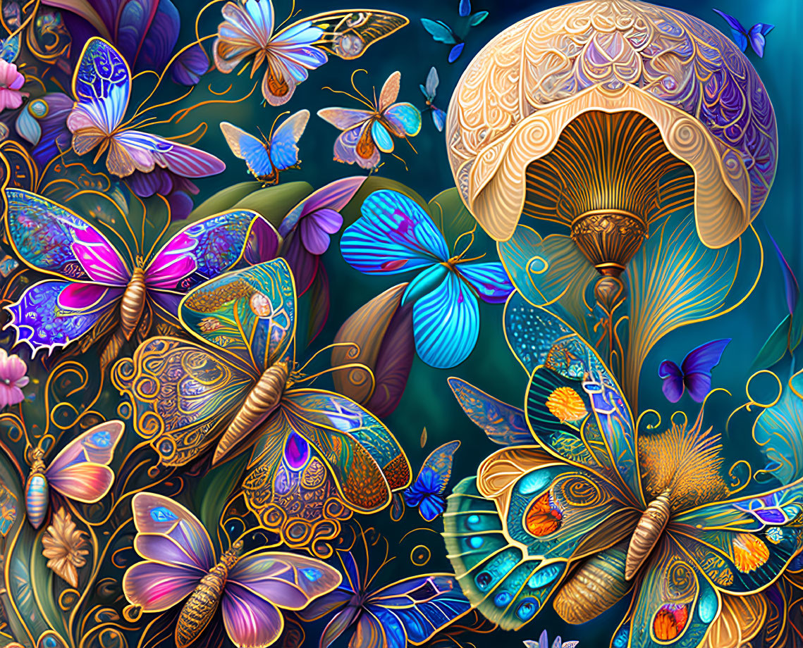 Colorful digital artwork: ornate butterflies, golden mushroom, teal background