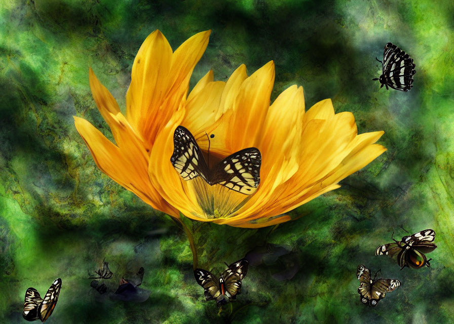 Colorful Yellow Flower with Butterflies on Green Background