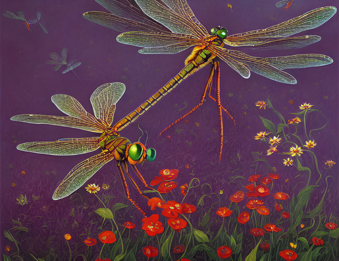 Vividly Colored Dragonflies Hovering Over Red Flowers and Dark Purple Background