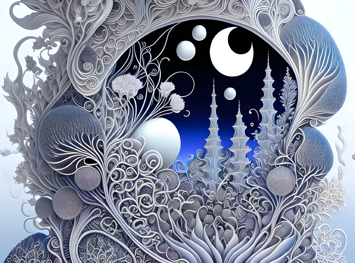 Surreal artwork with swirling patterns, moons, and stylized trees on blue gradient