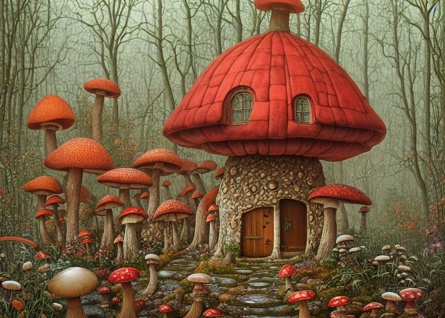 Whimsical fairytale mushroom house in misty forest