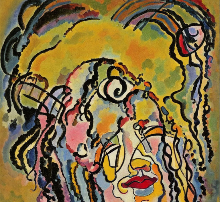 Vibrant abstract painting of a woman's face with bold eyes and flowing hair