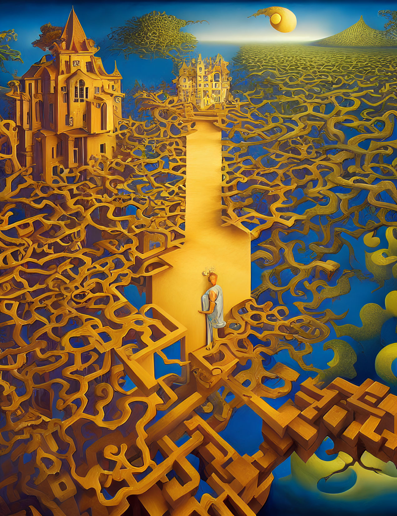 Surreal painting of person on path between castles in abstract puzzle landscape