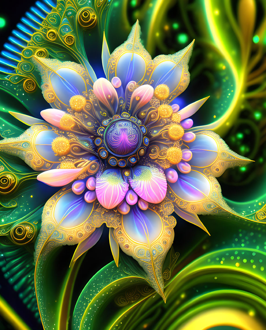 Colorful fractal flower art against green and blue backdrop