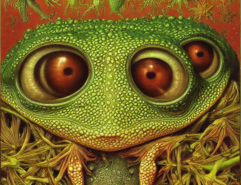 Detailed Hyperrealistic Green Frog Illustration with Expressive Brown Eyes in Lush Foliage