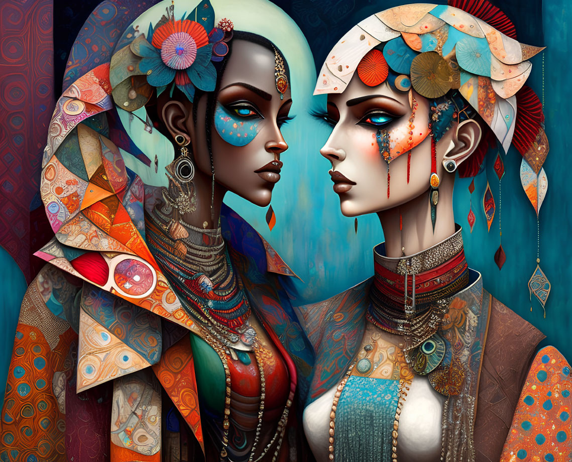 Symmetrical Female Figures with Tribal Makeup and Ornate Jewelry