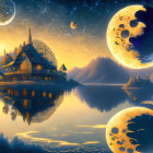 Surreal landscape with reflective lake, house, moons, clouds, and celestial body in golden sky