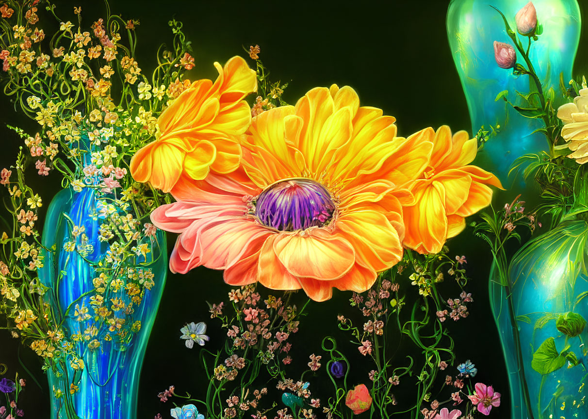 Detailed digital artwork: Orange-yellow flower, multicolored flora, neon vases on black.