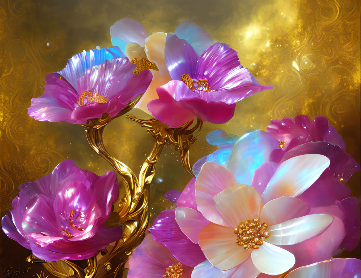 Colorful purple and pink flowers on golden background with mystical aura