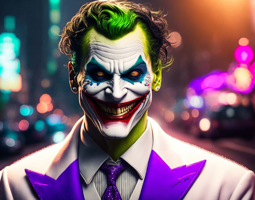 Person in Joker makeup and costume smiling against city lights backdrop
