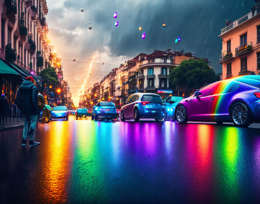 City street at dusk: shiny cars, wet pavement, neon lights, rainy sky, pedestrians under street