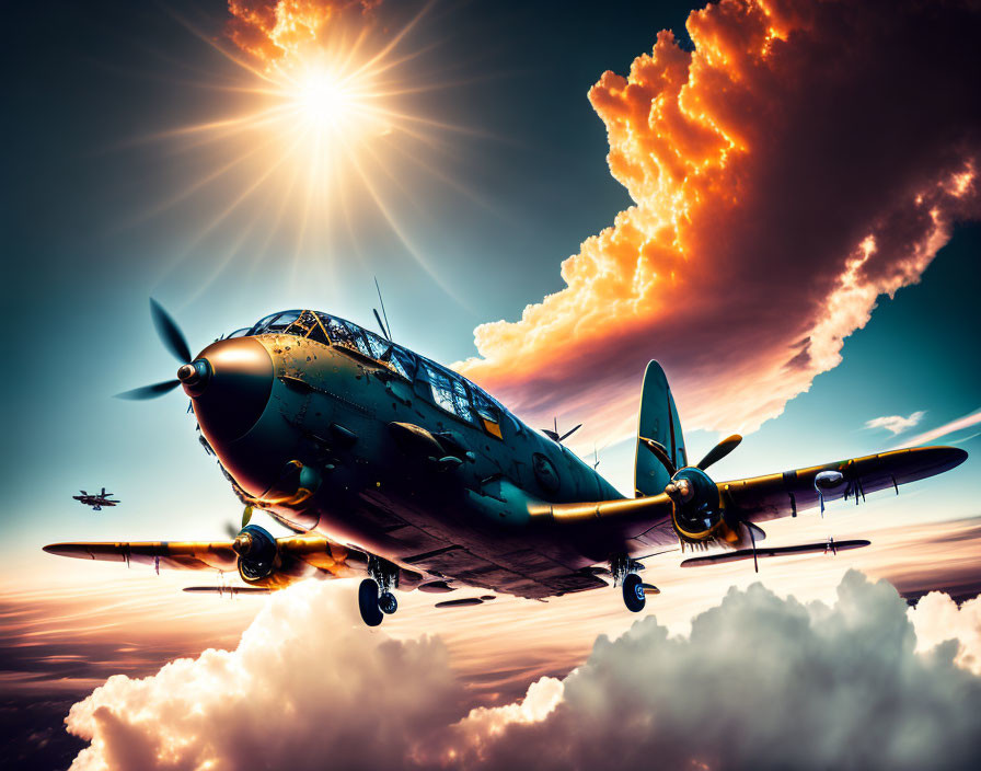 Formation of vintage military aircraft at sunset with vibrant clouds