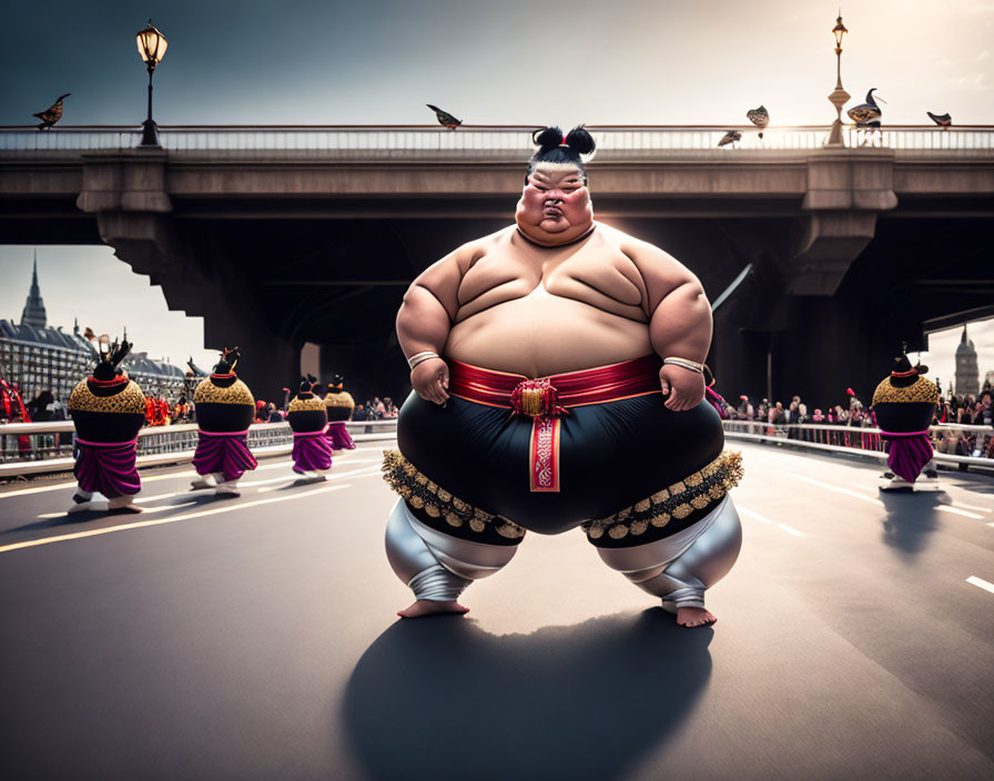 Animated Sumo Wrestlers on Bridge with Crowd Background